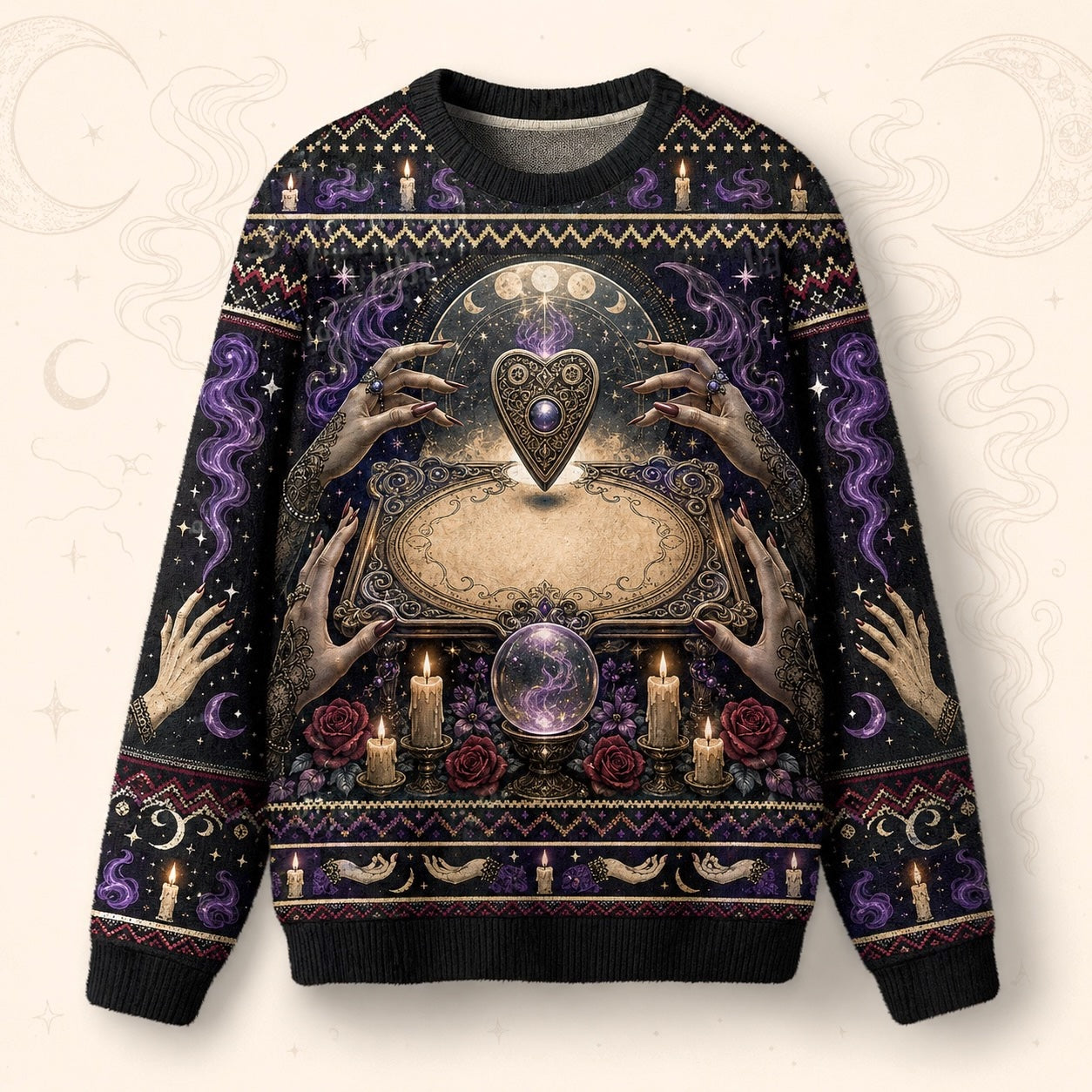 Spirit Board Sweater Pale Hands Candle Rose Purple Knit front view