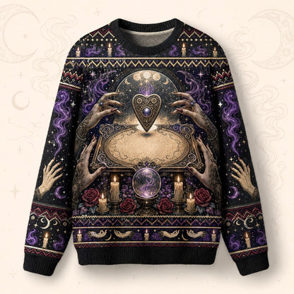 Spirit Board Sweater Pale Hands Candle Rose Purple Knit front view