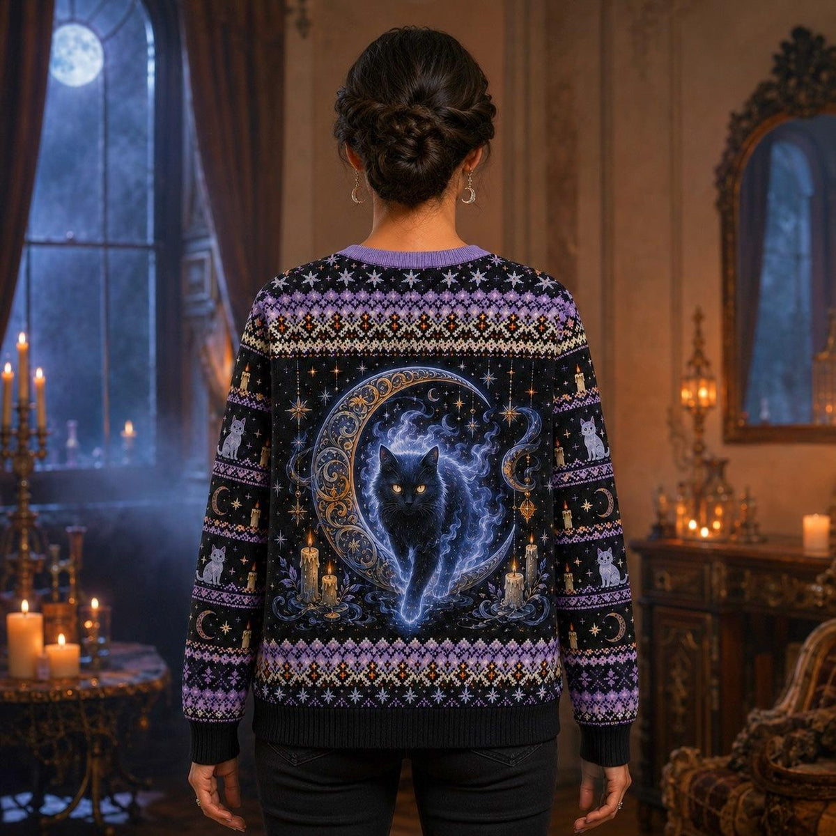 Spirit Cat Sweater Crystal Ball Ghost Cat Lavender Knit worn, back view