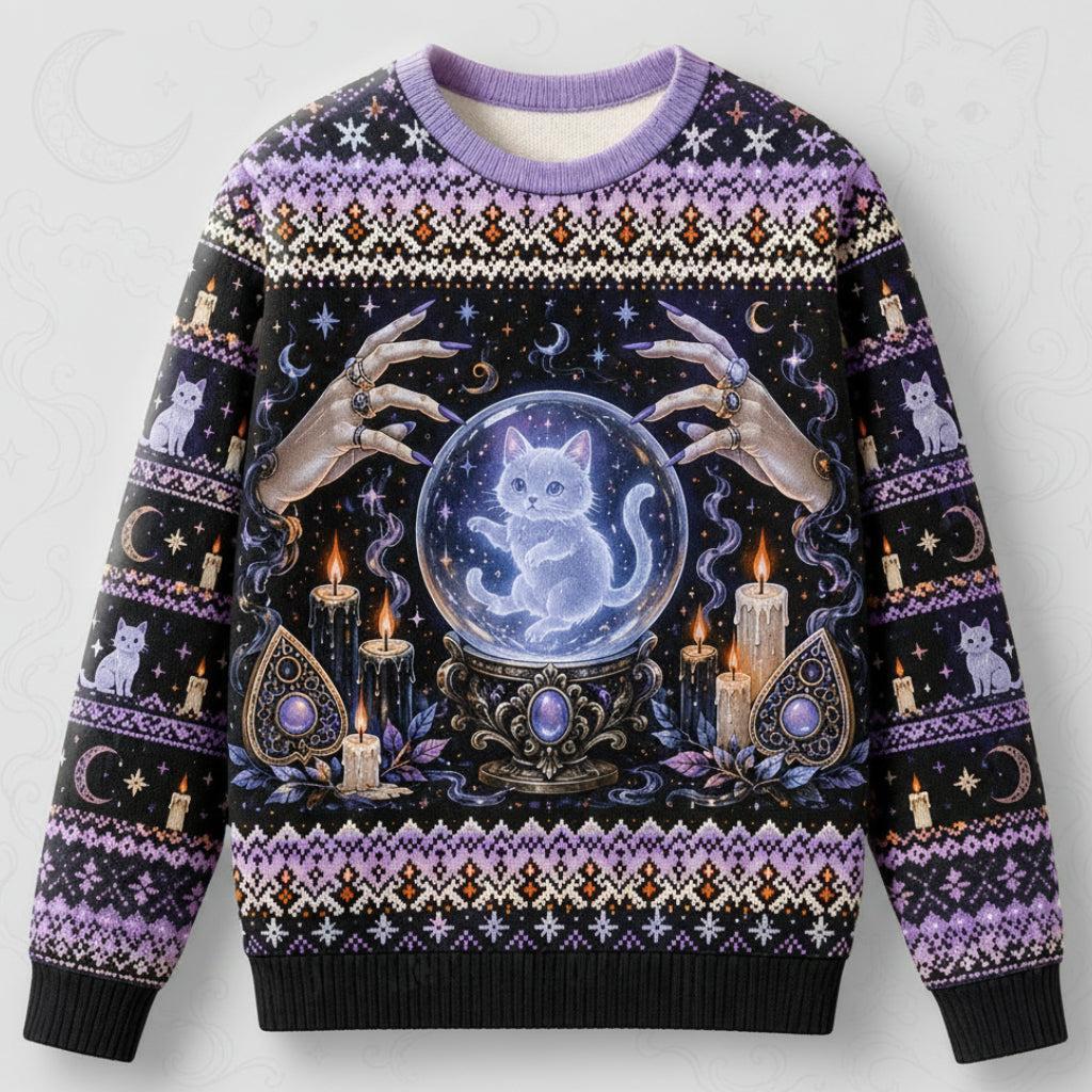 Spirit Cat Sweater Crystal Ball Ghost Cat Lavender Knit front view