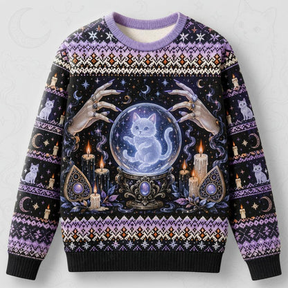 Spirit Cat Sweater Crystal Ball Ghost Cat Lavender Knit front view