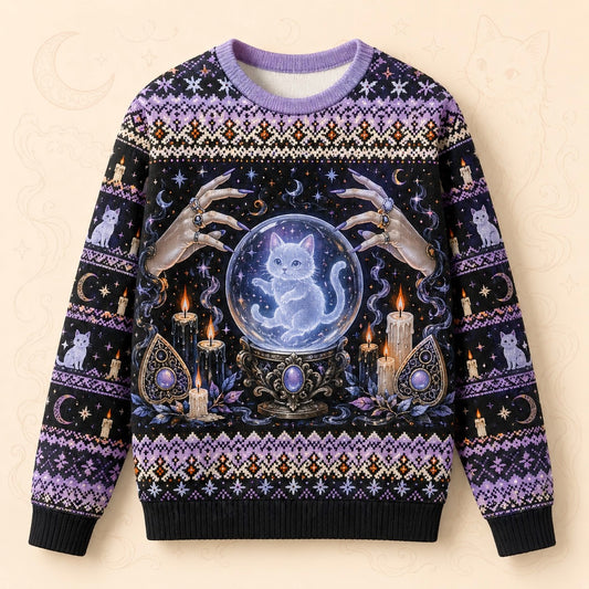 Spirit Cat Sweater Crystal Ball Ghost Cat Lavender Knit front view