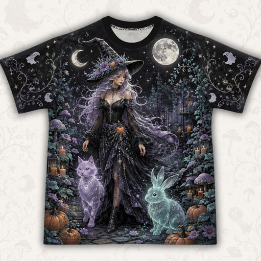 Spirit Cat Hare Witch T-Shirt Full Moon Pumpkin Samhain Tee front view