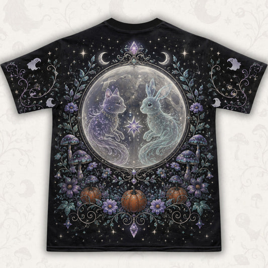 Spirit Cat Hare Witch T-Shirt Full Moon Pumpkin Samhain Tee back view