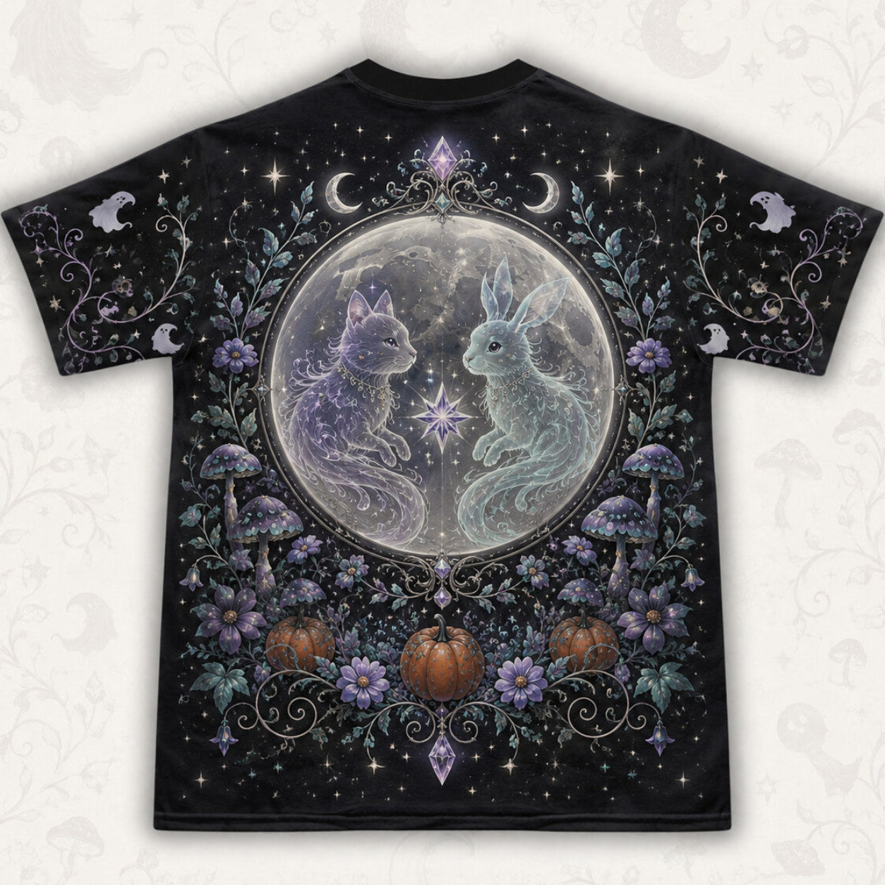 Spirit Cat Hare Witch T-Shirt Full Moon Pumpkin Samhain Tee back view