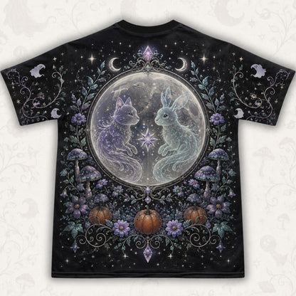 Spirit Cat Hare Witch T-Shirt Full Moon Pumpkin Samhain Tee back view