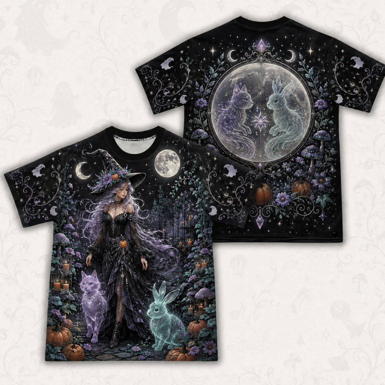 Spirit Cat Hare Witch T-Shirt Full Moon Pumpkin Samhain Tee front and back together