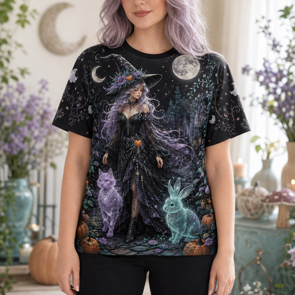 Spirit Cat Hare Witch T-Shirt Full Moon Pumpkin Samhain Tee worn, front view