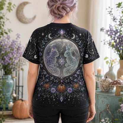 Spirit Cat Hare Witch T-Shirt Full Moon Pumpkin Samhain Tee worn, back view