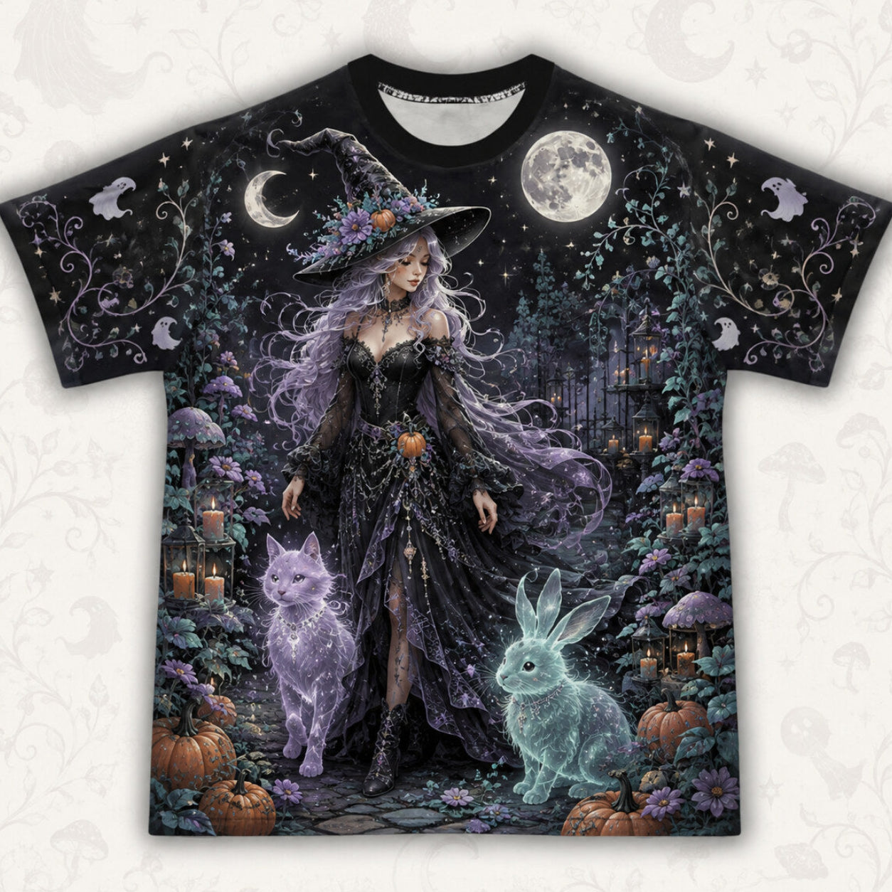 Spirit Cat Hare Witch T-Shirt Full Moon Pumpkin Samhain Tee front view