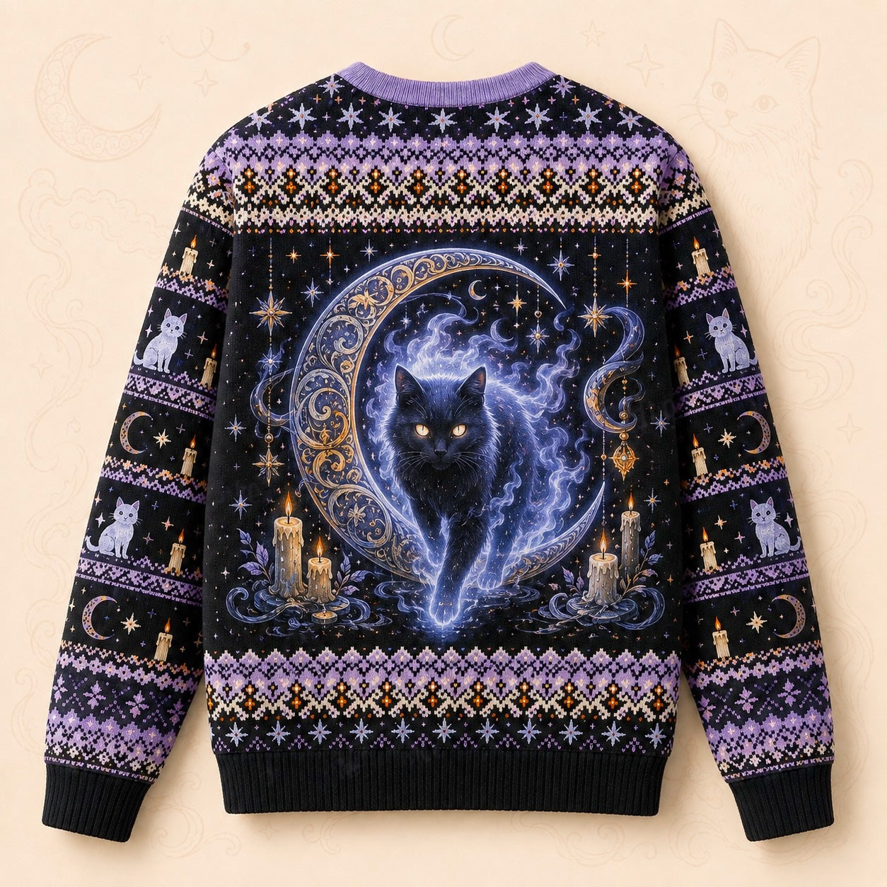 Spirit Cat Sweater Crystal Ball Ghost Cat Lavender Knit back view