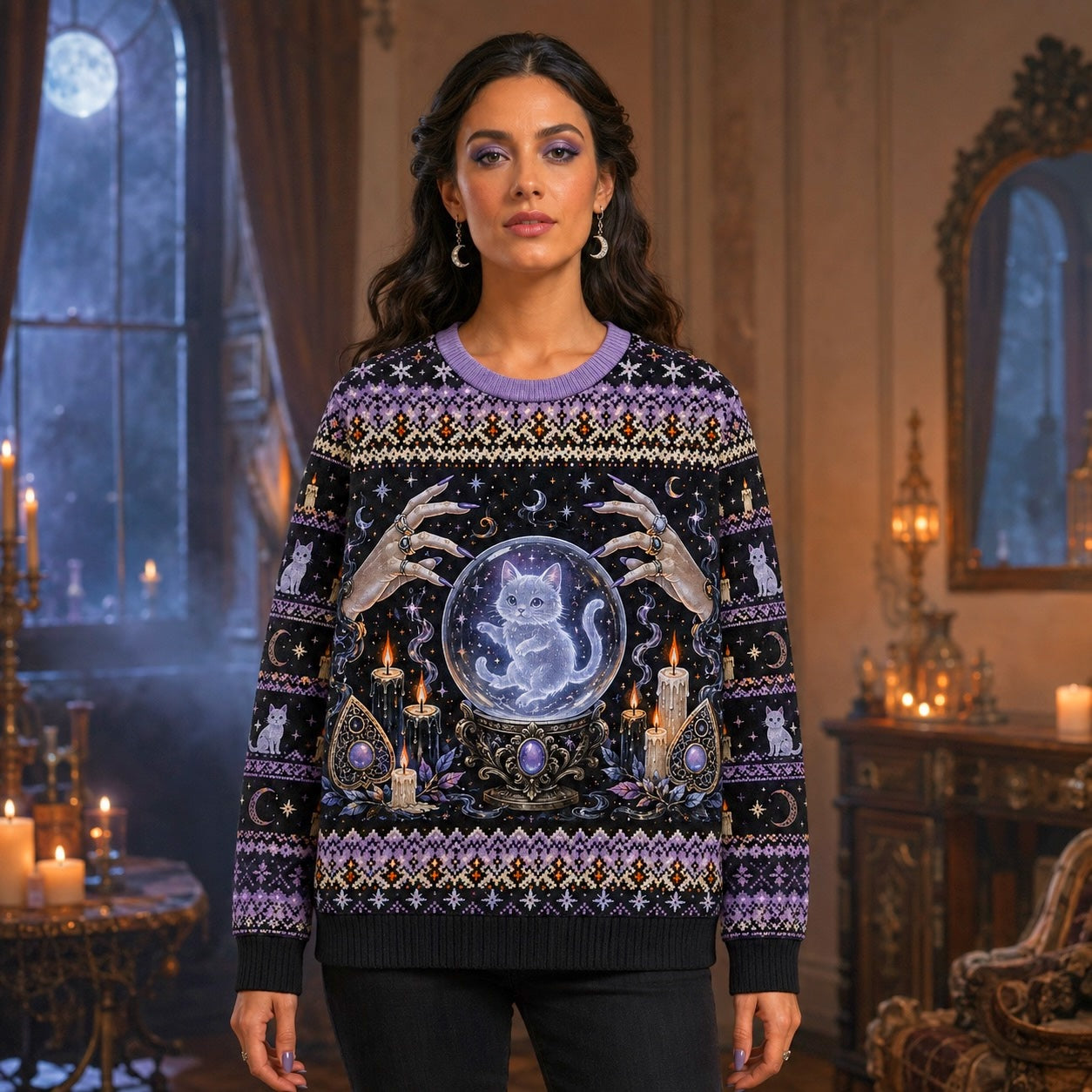 Spirit Cat Sweater Crystal Ball Ghost Cat Lavender Knit worn, front view