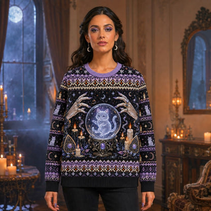 Spirit Cat Sweater Crystal Ball Ghost Cat Lavender Knit worn, front view