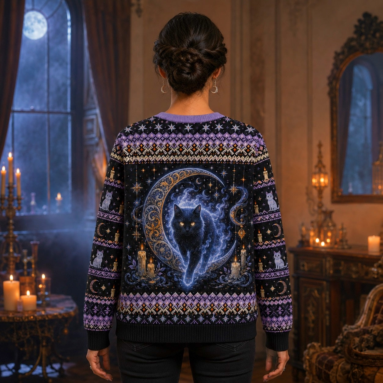Spirit Cat Sweater Crystal Ball Ghost Cat Lavender Knit worn, back view