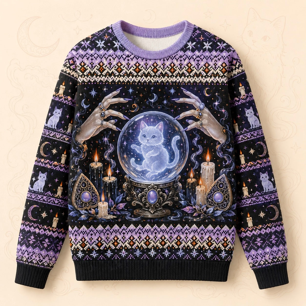 Spirit Cat Sweater Crystal Ball Ghost Cat Lavender Knit front view