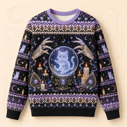 Spirit Cat Sweater Crystal Ball Ghost Cat Lavender Knit front view