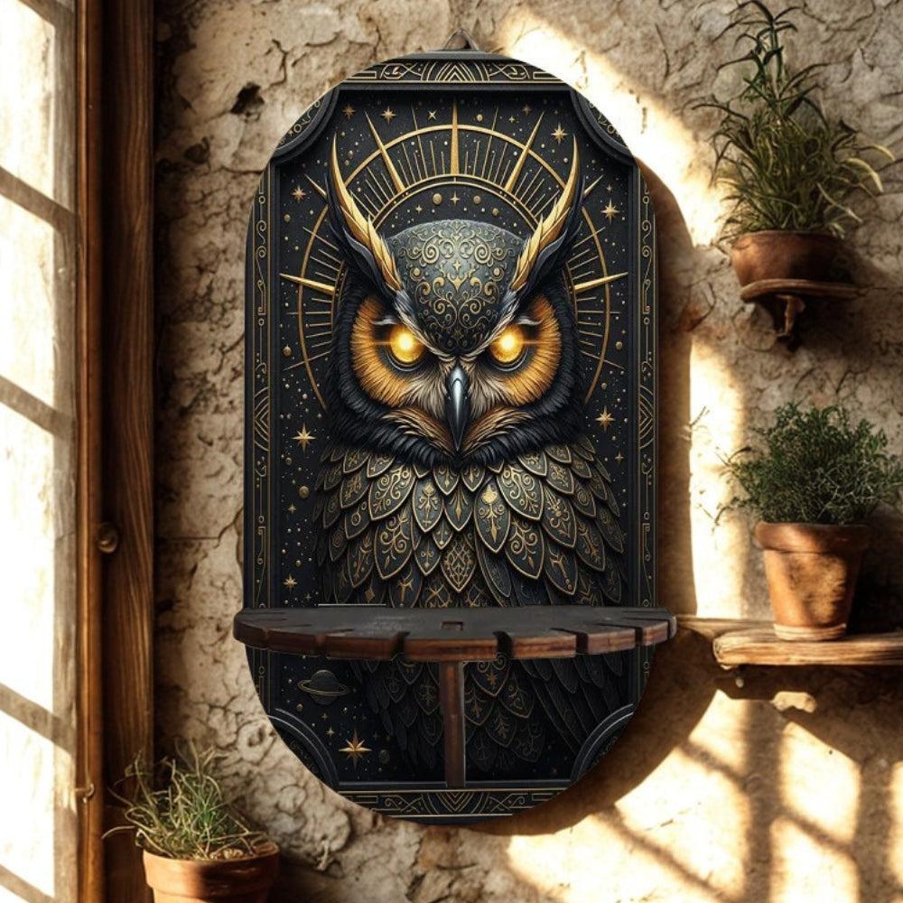 Spirit Owl Wall Shelf for Crystals & Candles – Wooden Mystical Floating Shelf Wicca Altar Decor-MoonChildWorld