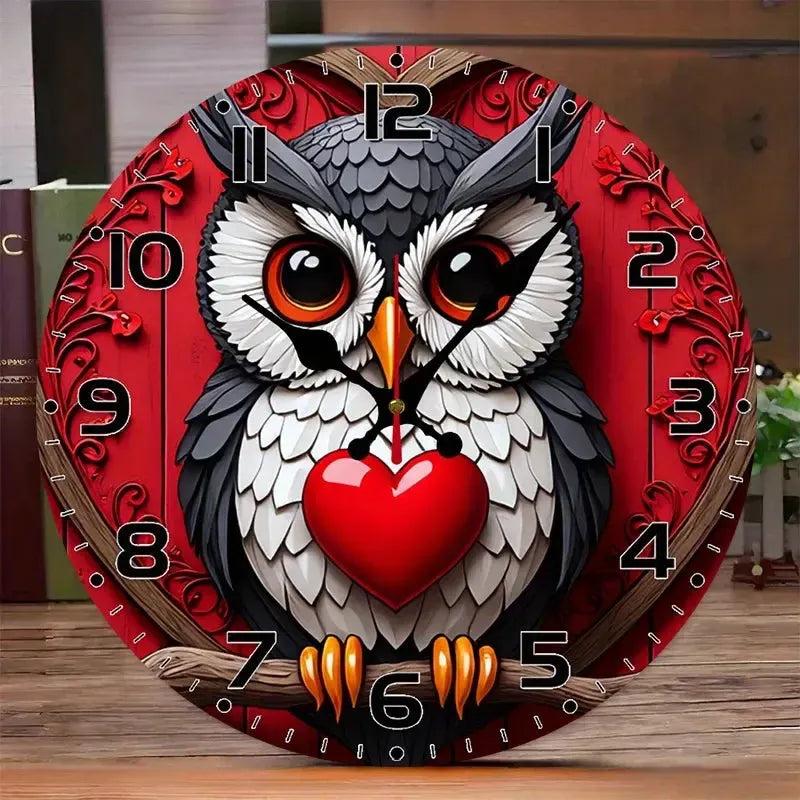 Spirit Owl with Red Heart Witchy Wooden Wall Clock-MoonChildWorld