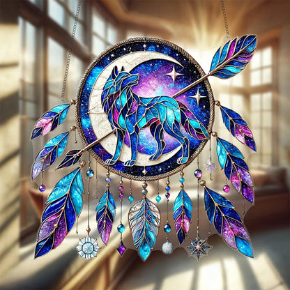 Spirit Wolf Suncatcher - Feather Wolf Acrylic Sign Boho Window Decor-MoonChildWorld