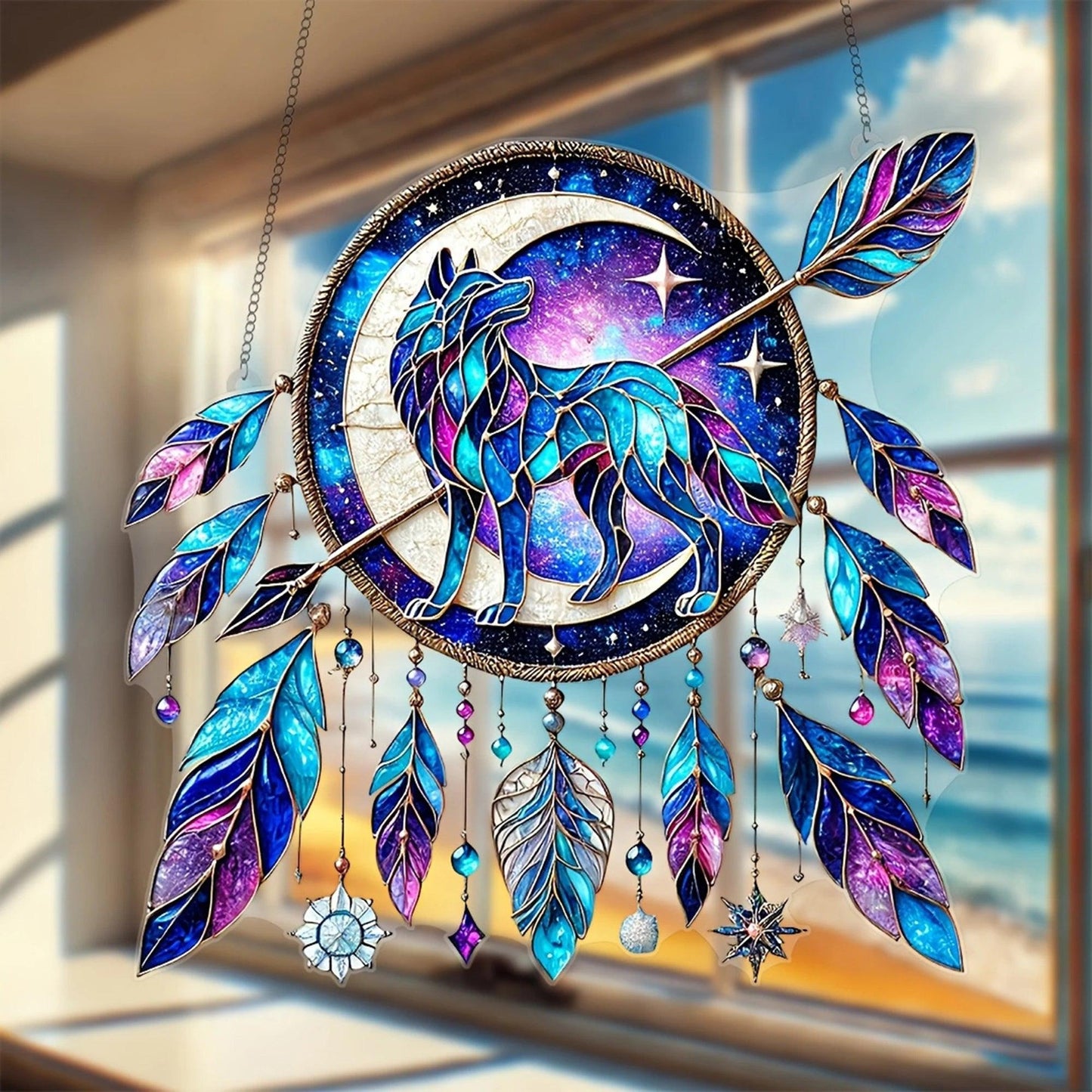 Spirit Wolf Suncatcher - Feather Wolf Acrylic Sign Boho Window Decor-MoonChildWorld