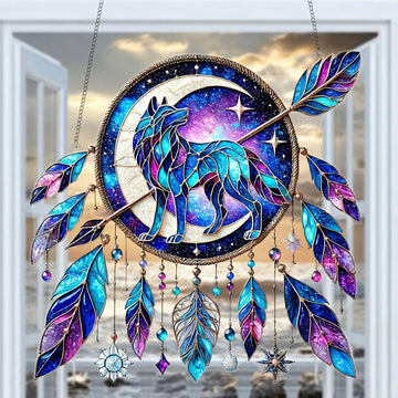 Spirit Wolf Suncatcher - Feather Wolf Acrylic Sign Boho Window Decor-MoonChildWorld