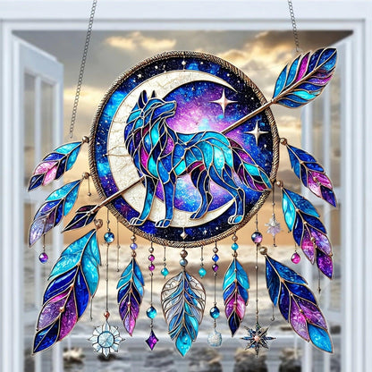 Spirit Wolf Suncatcher - Feather Wolf Acrylic Sign Boho Window Decor-MoonChildWorld