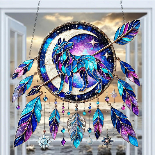 Spirit Wolf Suncatcher - Feather Wolf Acrylic Sign Boho Window Decor-MoonChildWorld