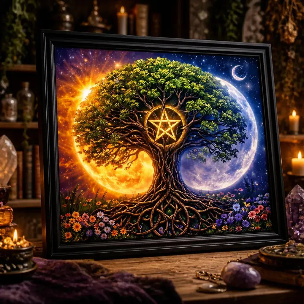 Spiritual Tree of Life Pentacle Canvas Print - Black Framed Pagan Art for Wiccan Home Decor_mockup_3.webp