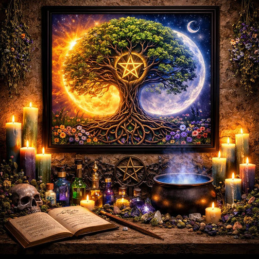 Spiritual Tree of Life Pentacle Canvas Print - Black Framed Pagan Art for Wiccan Home Decor-MoonChildWorld
