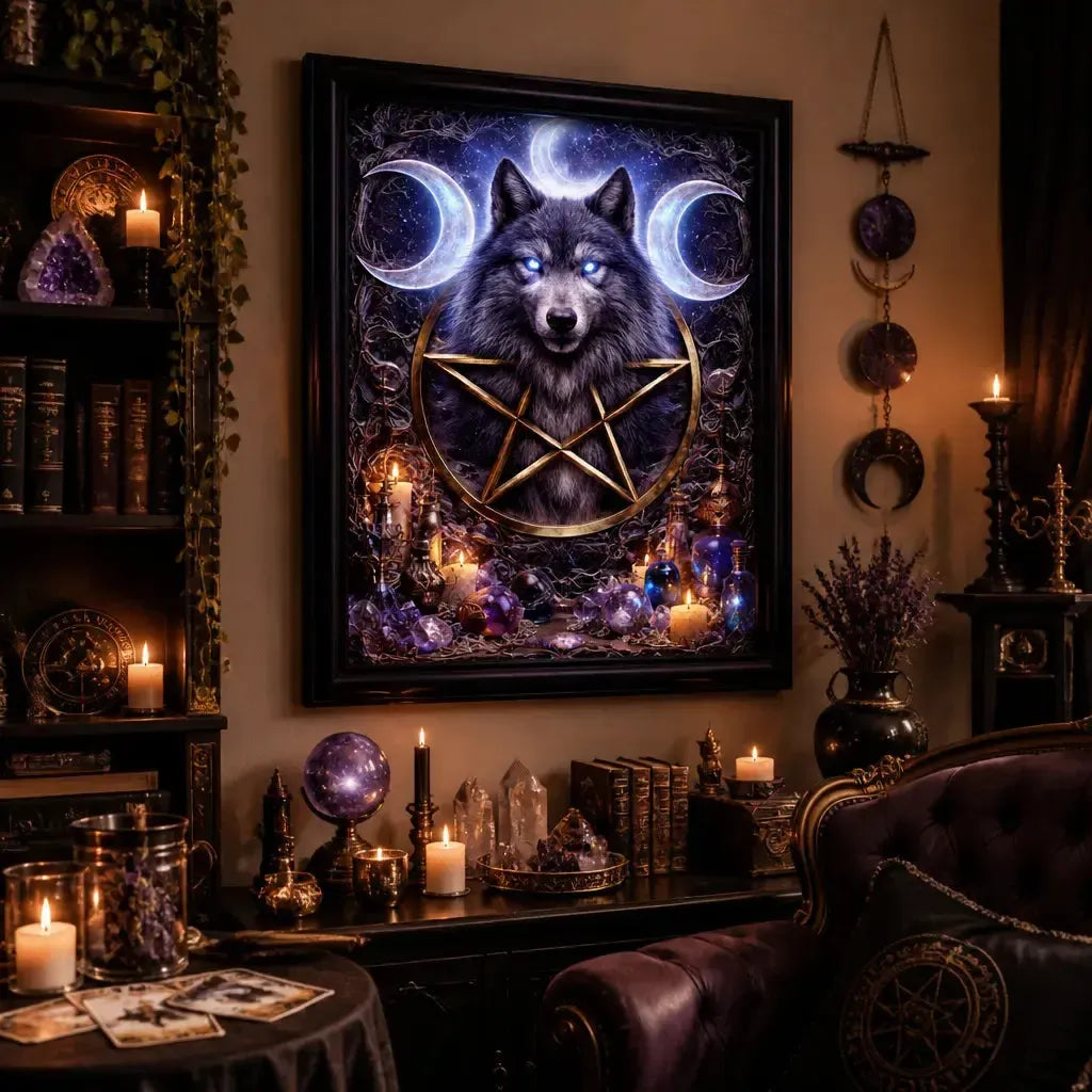 Spiritual Wolf Art with Moon Pentacle - Wicca Black Framed Canvas Wall Print for Pagan Home Decor_mockup_1.webp