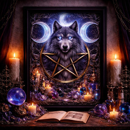 Spiritual Wolf Art with Moon Pentacle - Wicca Black Framed Canvas Wall Print for Pagan Home Decor-MoonChildWorld