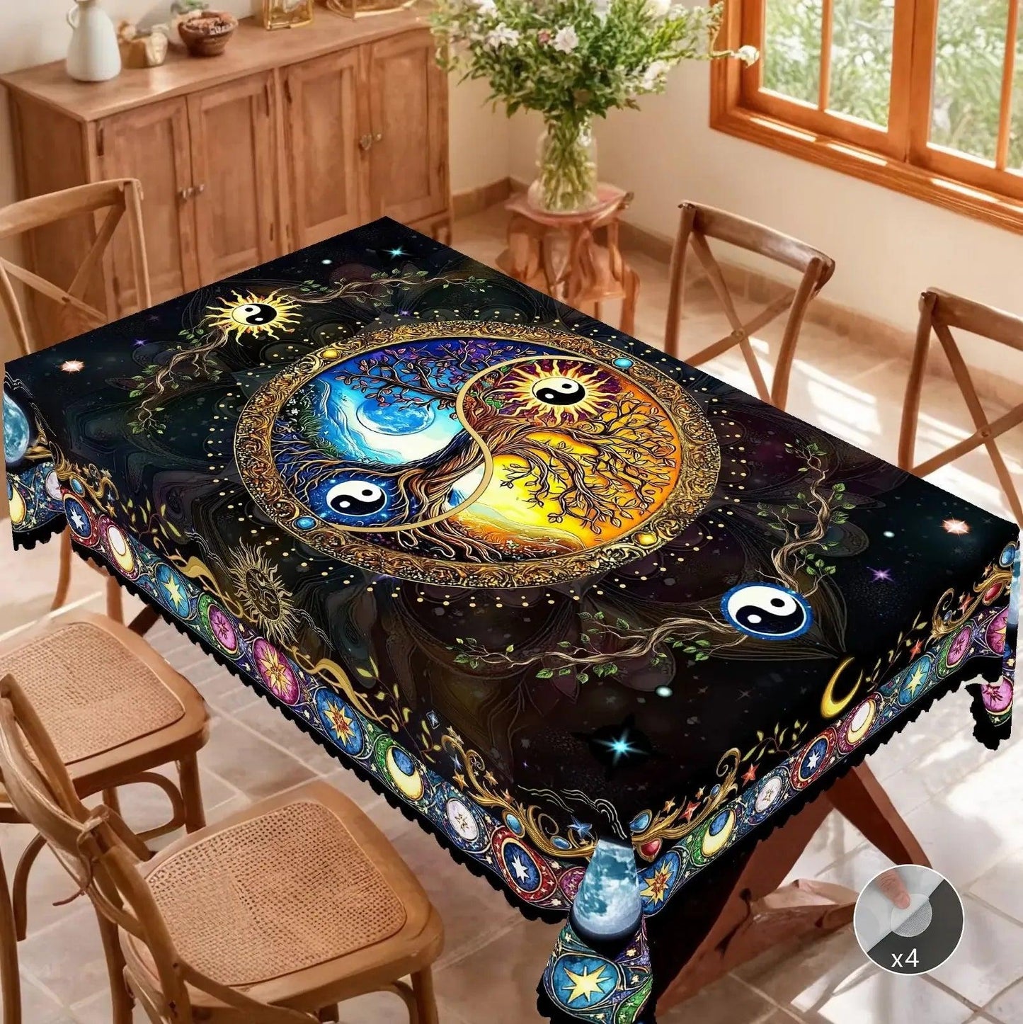 Bohemian Yin-Yang Tree of Life Tablecloth for Pagan Home Decor-MoonChildWorld