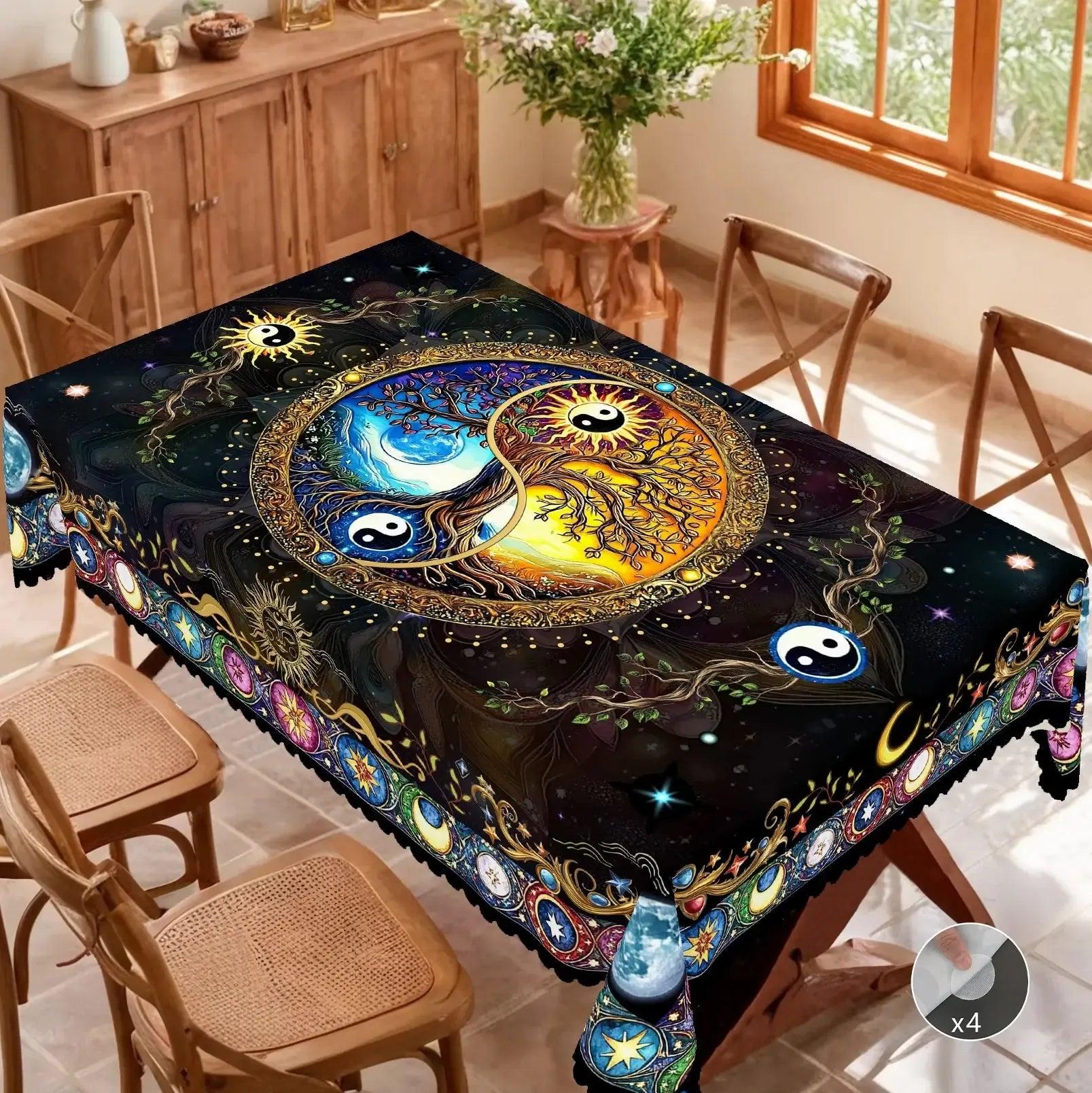 Bohemian Yin-Yang Tree of Life Tablecloth for Pagan Home Decor-MoonChildWorld
