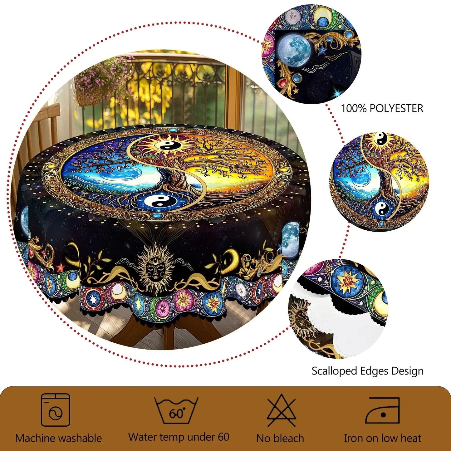 Bohemian Yin-Yang Tree of Life Tablecloth for Pagan Home Decor-MoonChildWorld