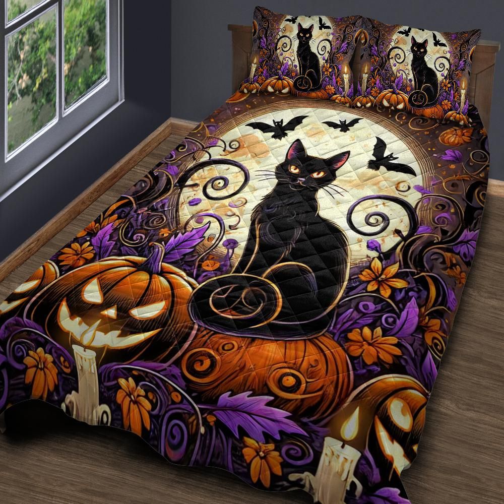 Spooky Black Cat Halloween Quilt Bedding Set-MoonChildWorld