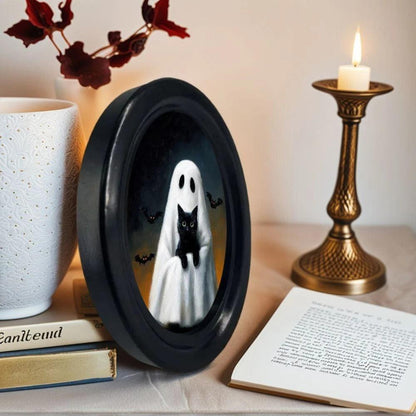 Spooky Ghost with Black Cat Oval Frame - Gothic Oval Wall Art Halloween Wall Decoration-MoonChildWorld
