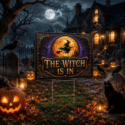 Spooky Halloween, The Witch Is In Yard Sign - close up detail