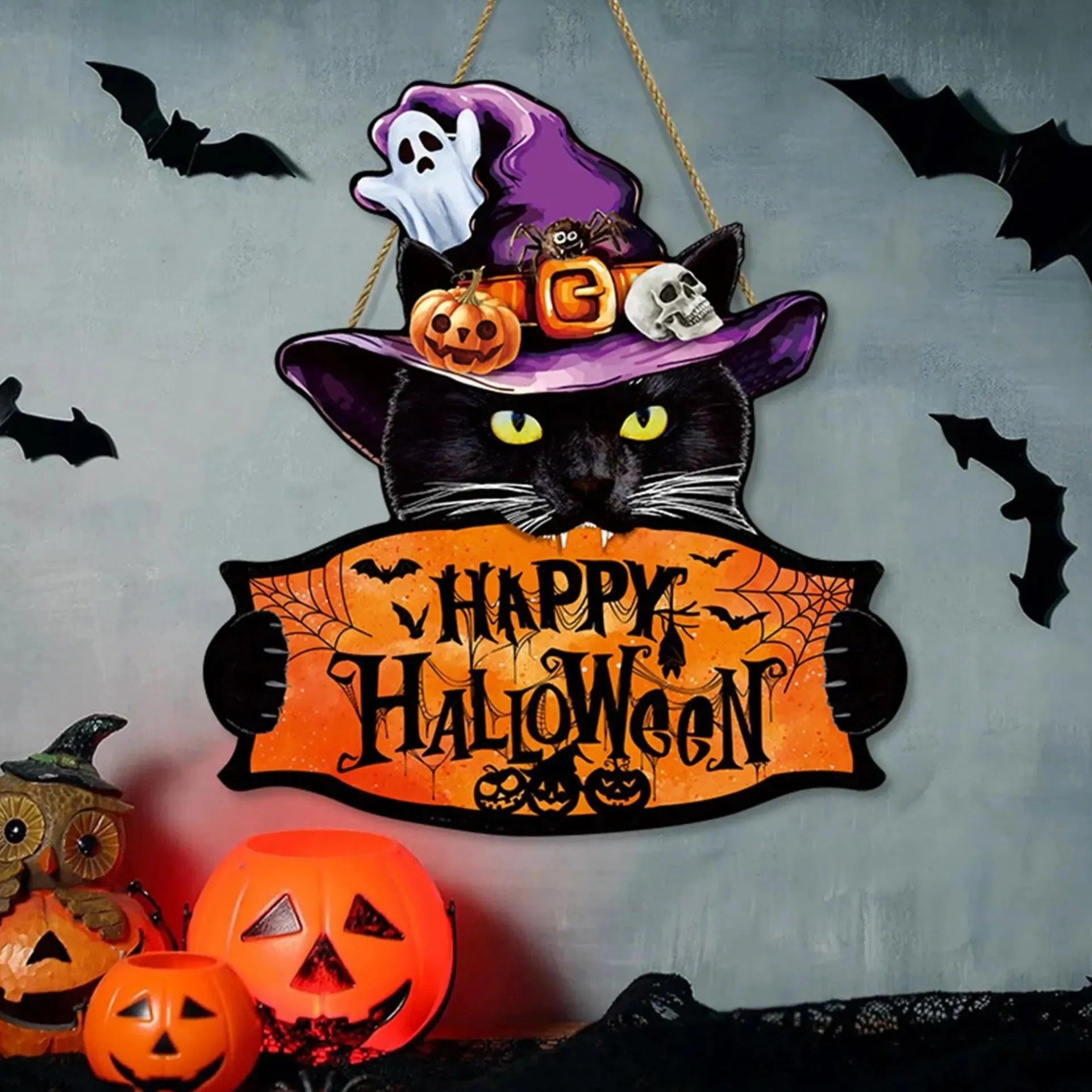 Spooky Halloween Wooden Door Hanger with Witchy Black Cat-MoonChildWorld