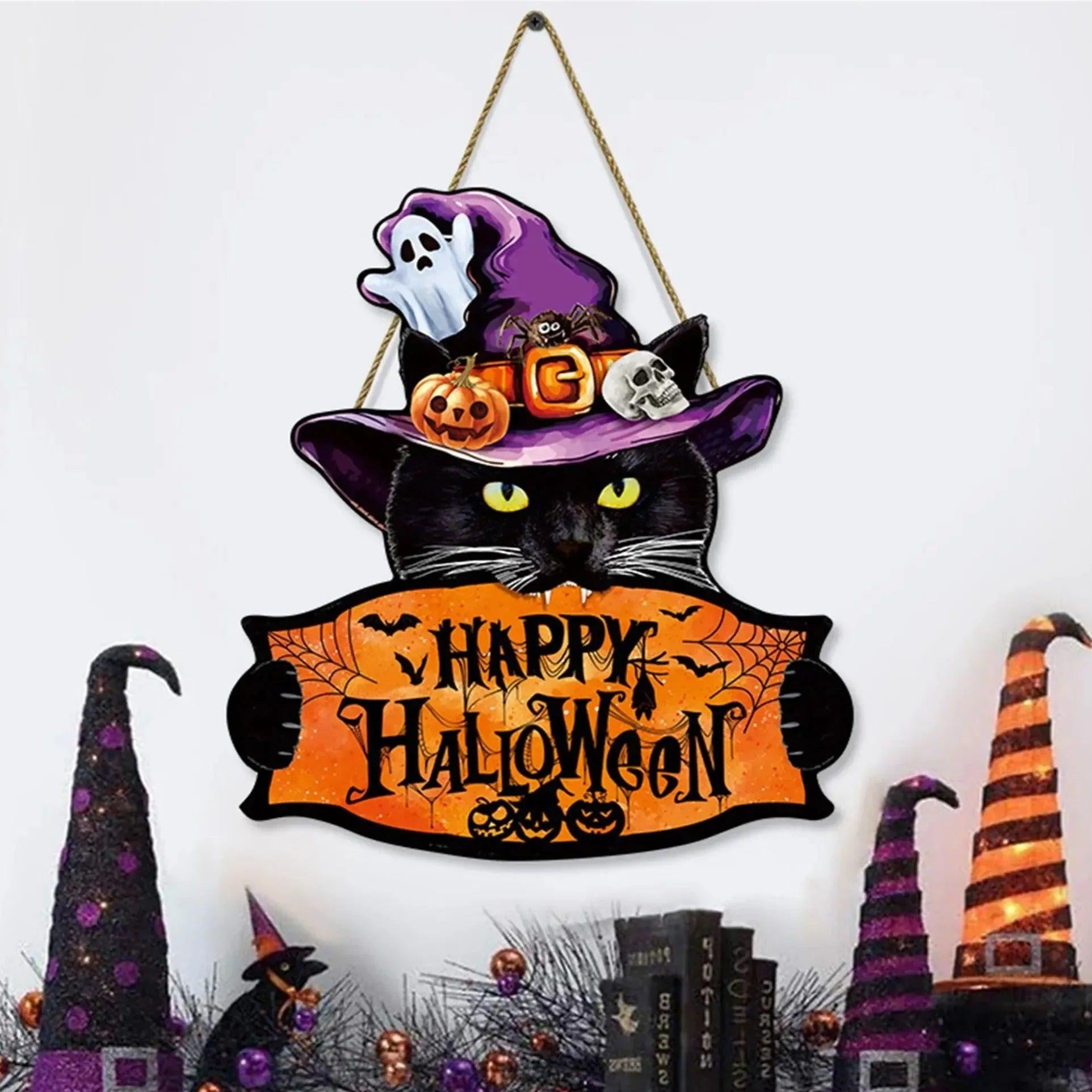 Spooky Halloween Wooden Door Hanger with Witchy Black Cat-MoonChildWorld