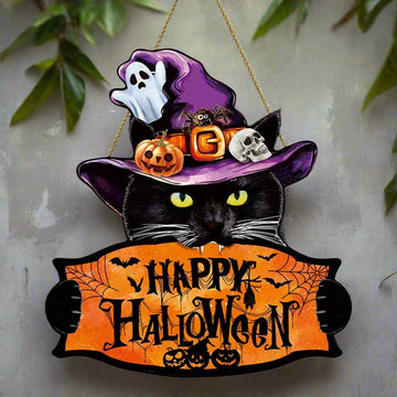 Spooky Halloween Wooden Door Hanger with Witchy Black Cat-MoonChildWorld