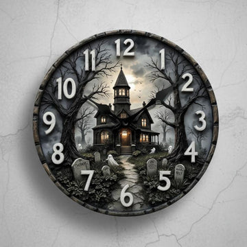 Spooky Haunted House Wooden Wall Clock Gothic Halloween Wall Decor-MoonChildWorld