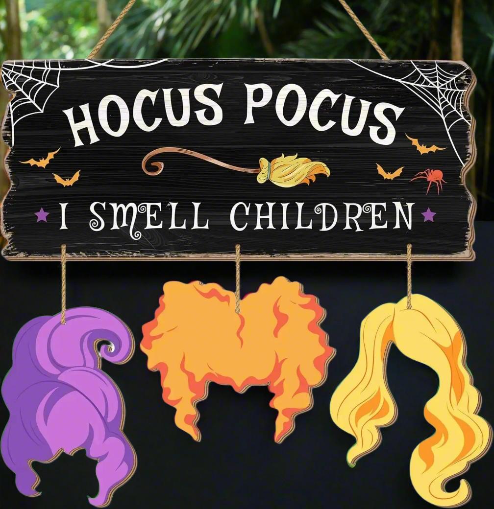 Spooky Hocus Pocus Witchy Wooden Sign - 'I Smell Children' Halloween Door Hanger with Witch Silhouette-MoonChildWorld