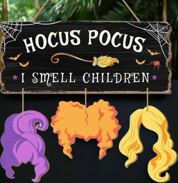 Spooky Hocus Pocus Witchy Wooden Sign - 'I Smell Children' Halloween Door Hanger with Witch Silhouette-MoonChildWorld