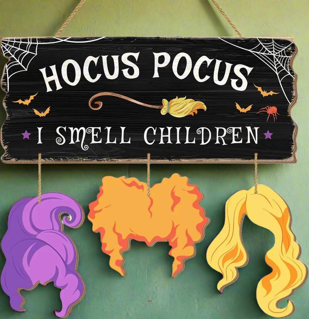 Spooky Hocus Pocus Witchy Wooden Sign - 'I Smell Children' Halloween Door Hanger with Witch Silhouette-MoonChildWorld