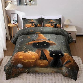 Spooky Pumpkin Black Cat Duvet Cover Set Halloween Bedding Set Witch Home Decor-MoonChildWorld