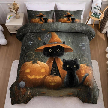 Spooky Pumpkin Black Cat Duvet Cover Set Halloween Bedding Set Witch Home Decor-MoonChildWorld