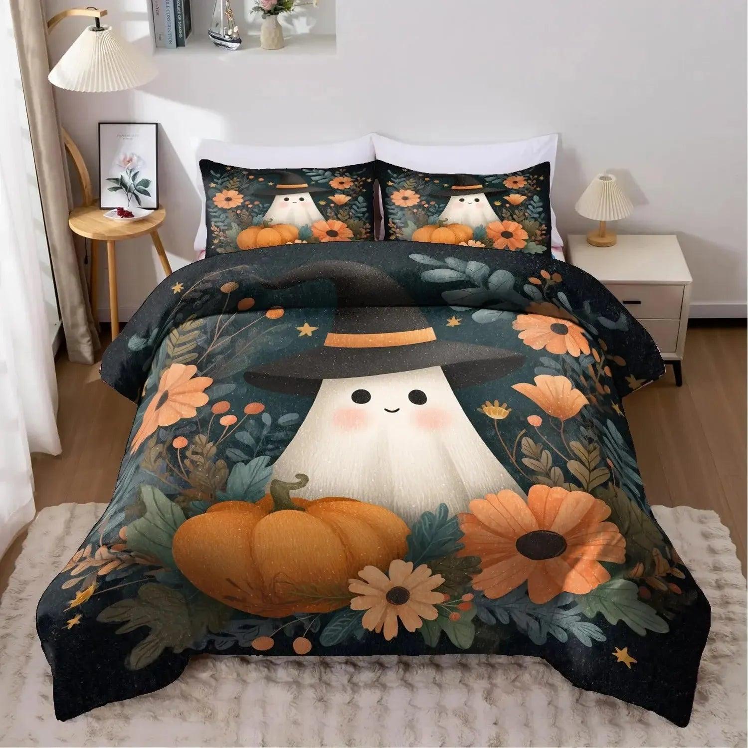 Spooky Pumpkin Ghost Duvet Cover Set Halloween Bedding Set Witch Home Decor-MoonChildWorld