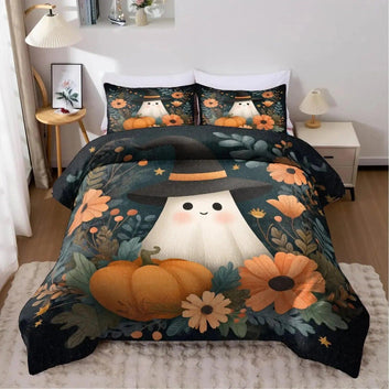 Spooky Pumpkin Ghost Duvet Cover Set Halloween Bedding Set Witch Home Decor-MoonChildWorld