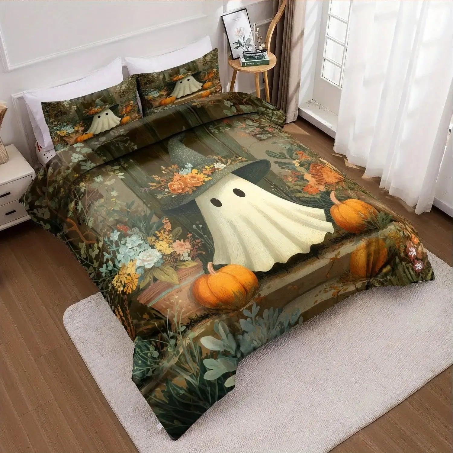 Spooky Pumpkin Ghost Duvet Cover Set Halloween Bedding Set Witch Home Decor-MoonChildWorld