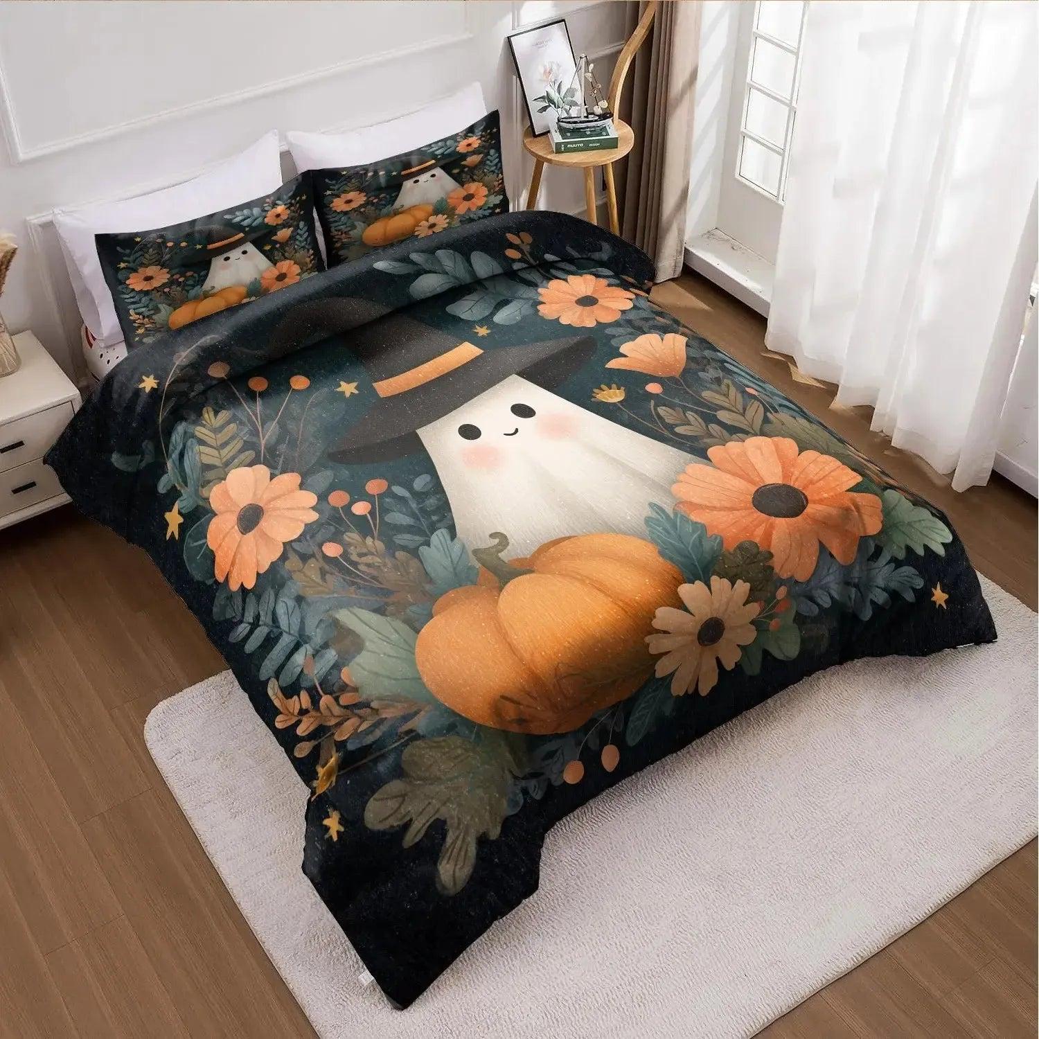 Spooky Pumpkin Ghost Duvet Cover Set Halloween Bedding Set Witch Home Decor-MoonChildWorld